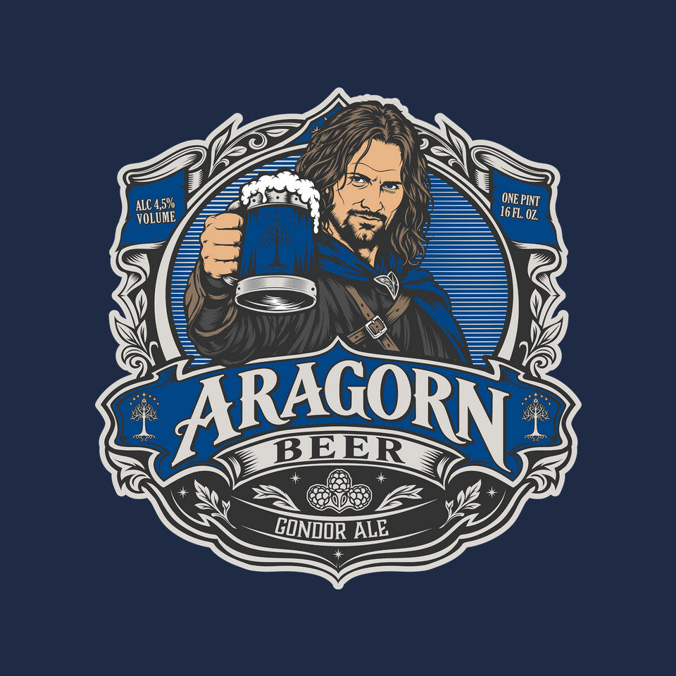 Aragorn Beer fantasy artwork print detail for navy graphic T-shirt