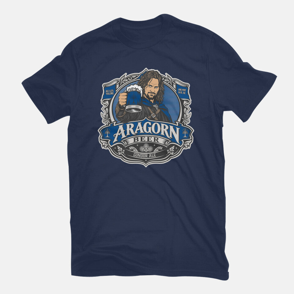 Navy Aragorn Beer fantasy graphic T-shirt shown flat