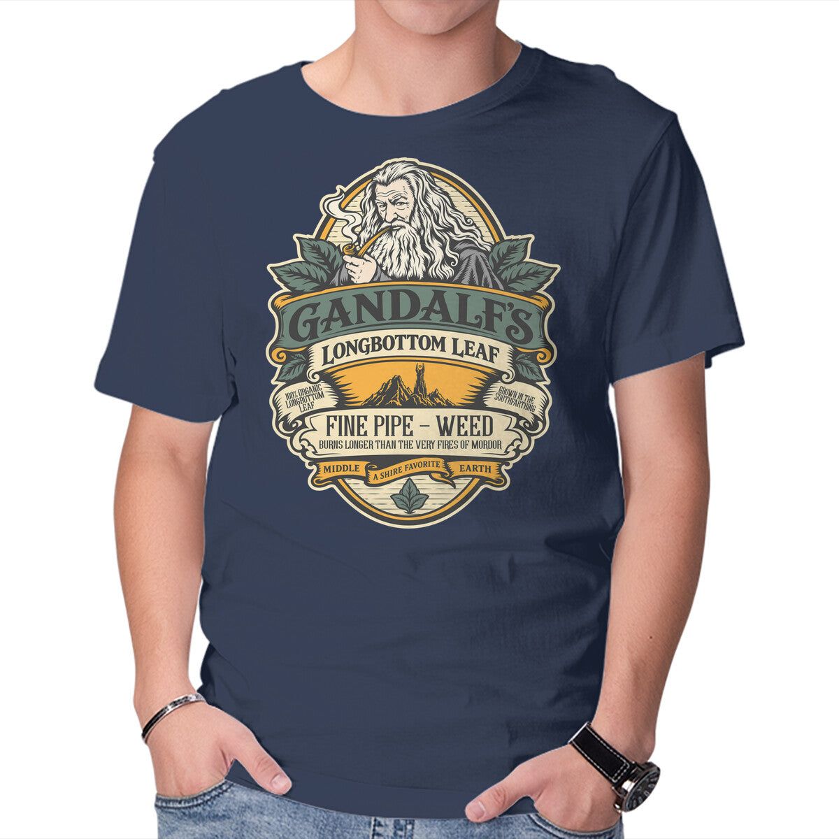 Gandalf's Longbottom Leaf Pipe Fantasy Graphic T-Shirt in navy, product display