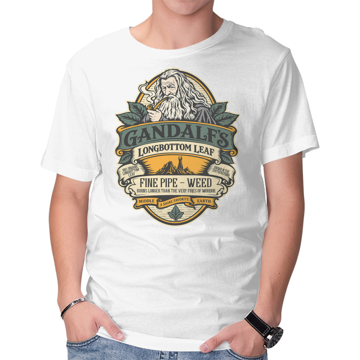 Gandalf's Longbottom Leaf Pipe Fantasy Graphic T-Shirt in white, product display