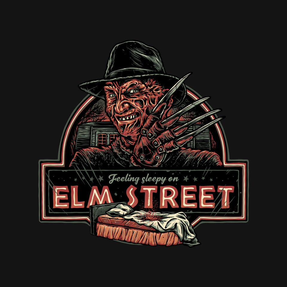 Sleepy on Elm Street Horror Movie Graphic Tee graphic print detail on black T-shirt