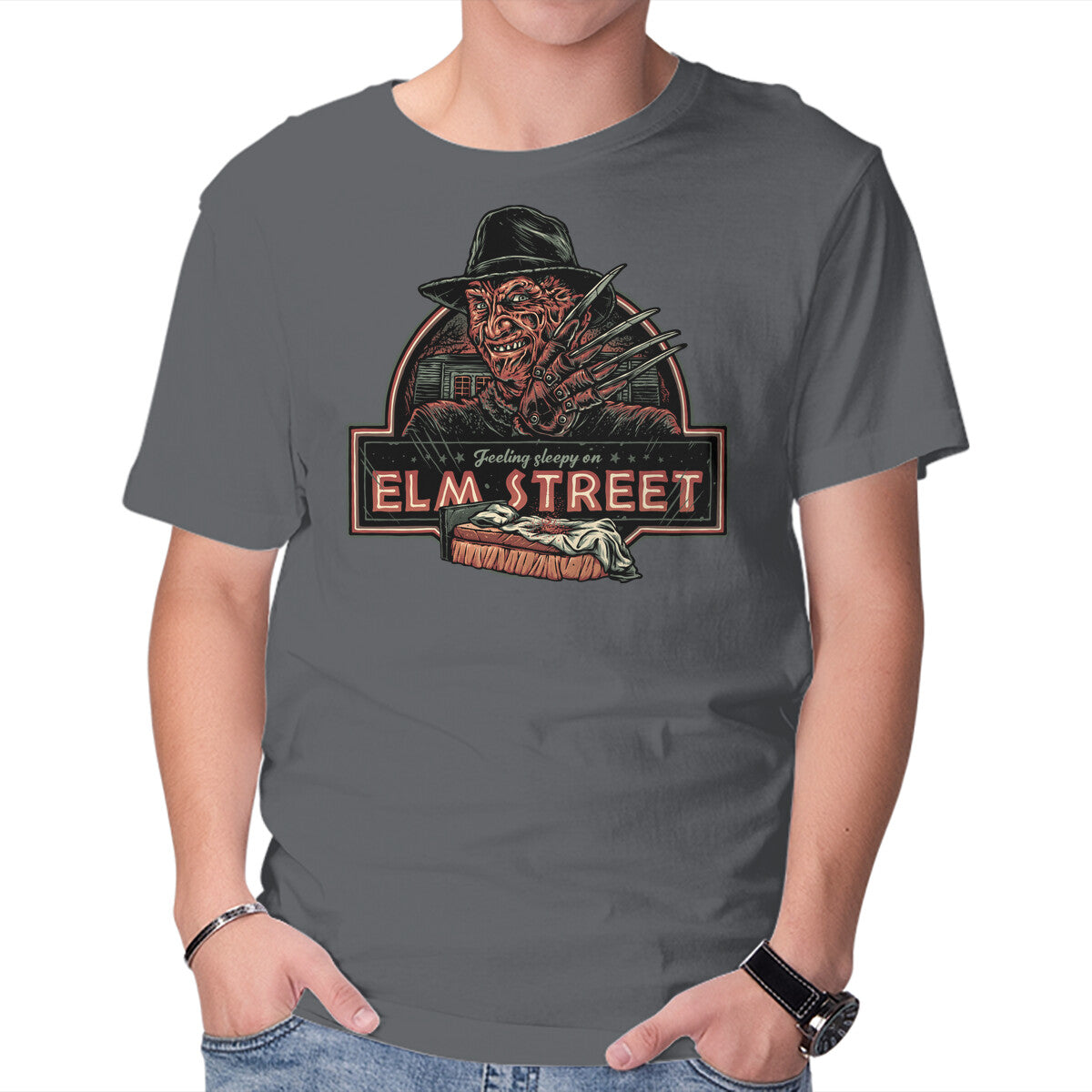 Sleepy on Elm Street Horror Movie Graphic Tee in charcoal, product view