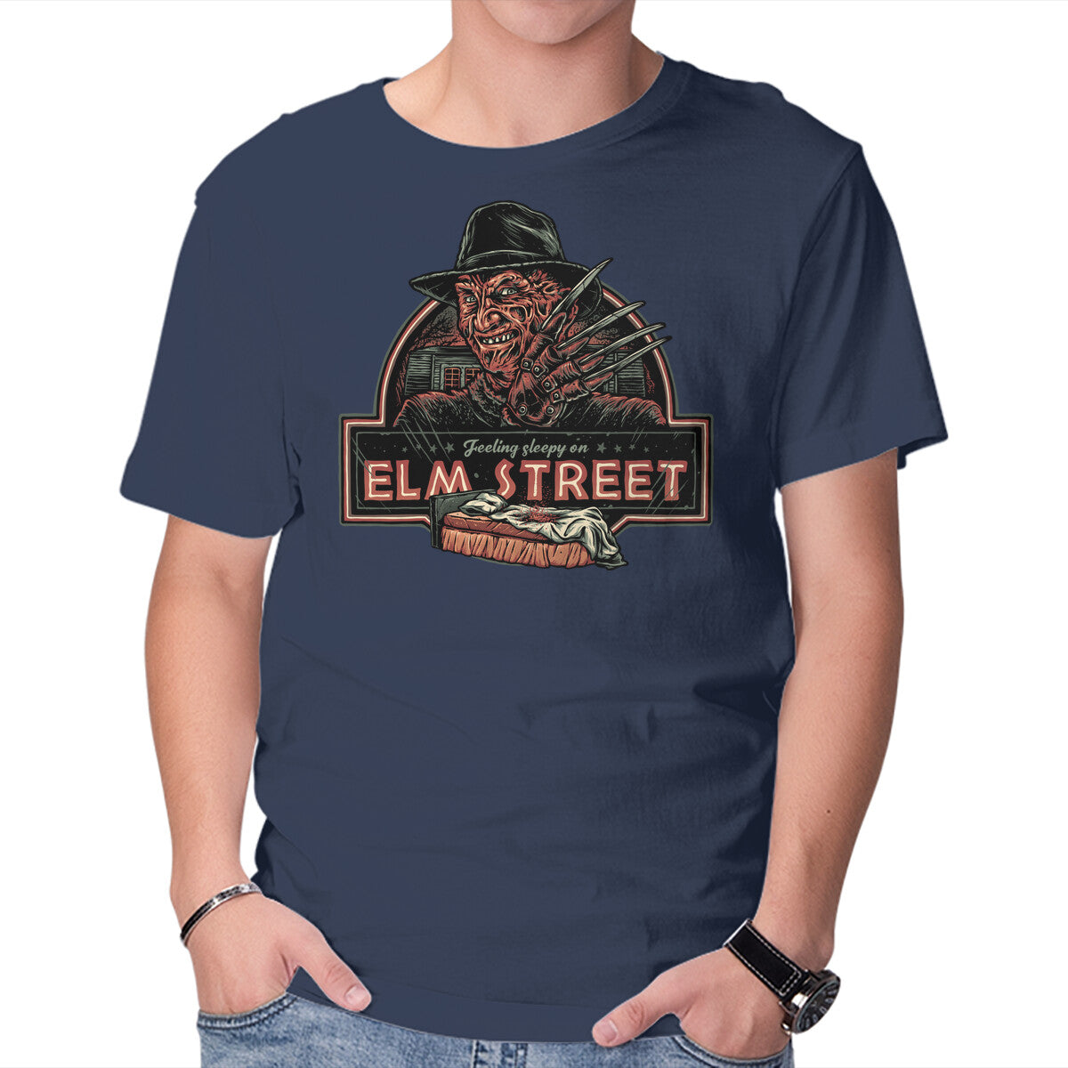Sleepy on Elm Street Horror Movie Graphic Tee in navy, product view