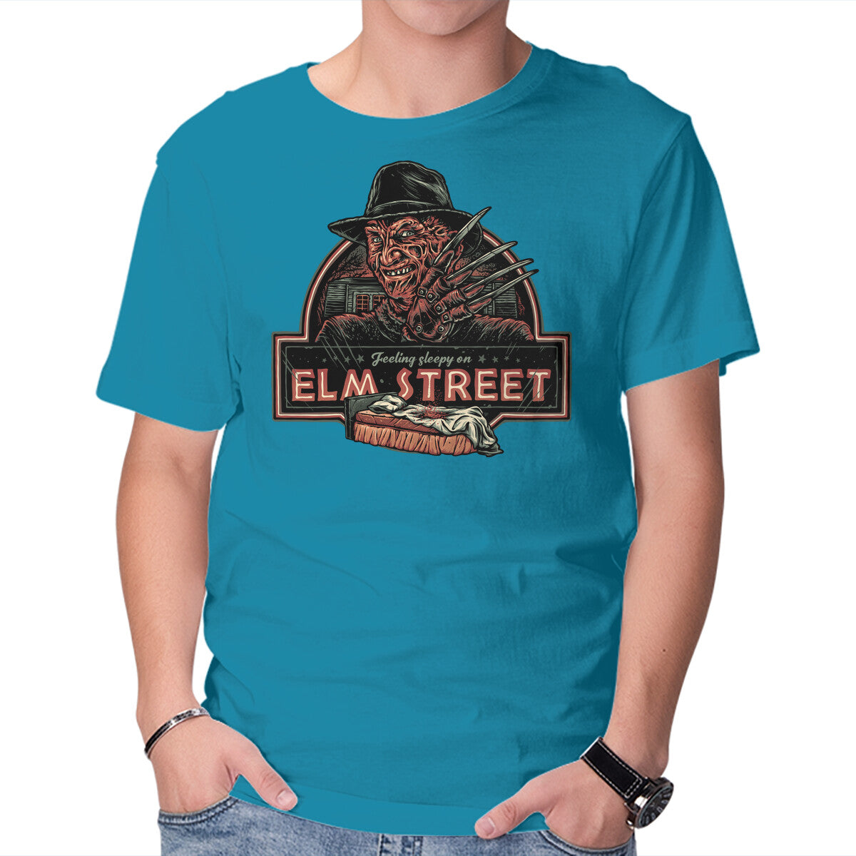 Sleepy on Elm Street Horror Movie Graphic Tee in turquoise, product view