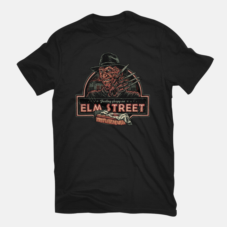 Sleepy on Elm Street Horror Movie Graphic Tee in black, flat lay view