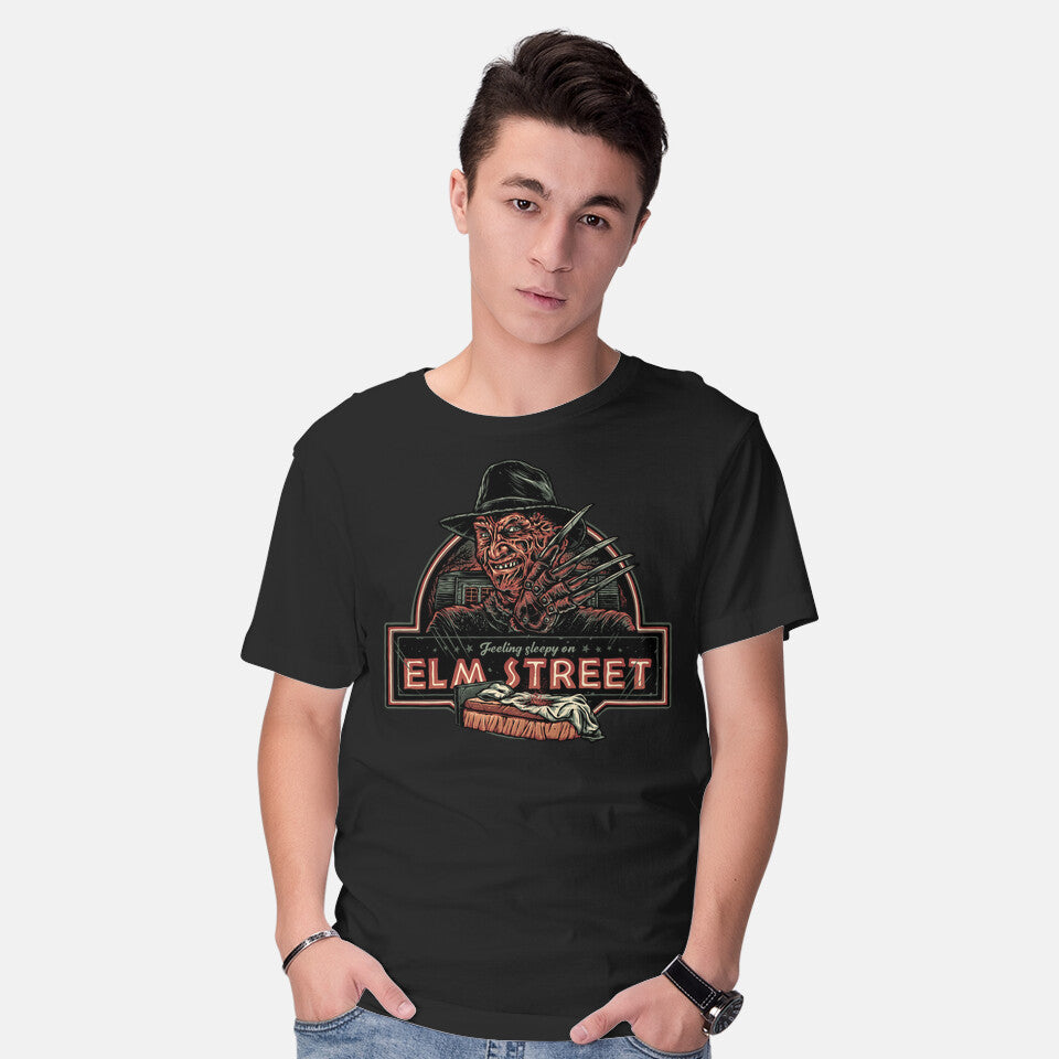 Model wearing black Sleepy on Elm Street Horror Movie Graphic Tee