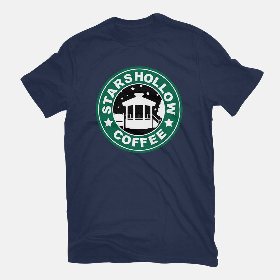 Stars Coffee – Coffee Graphic T-Shirt in navy, flat-lay product view