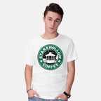 Model wearing white Stars Coffee – Coffee Graphic T-Shirt