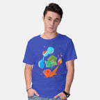 Model wearing royal blue Starters – Anime Graphic T-Shirt