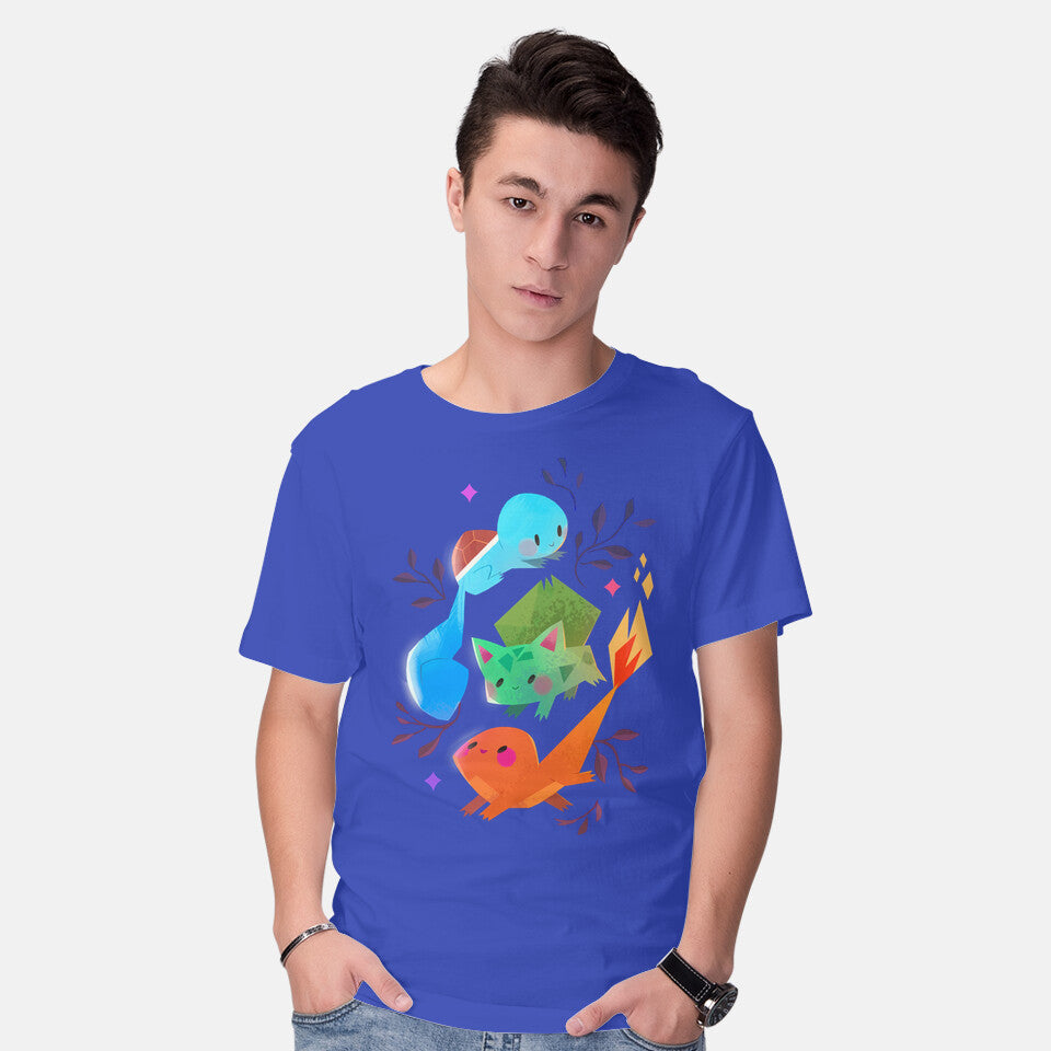 Model wearing royal blue Starters – Anime Graphic T-Shirt