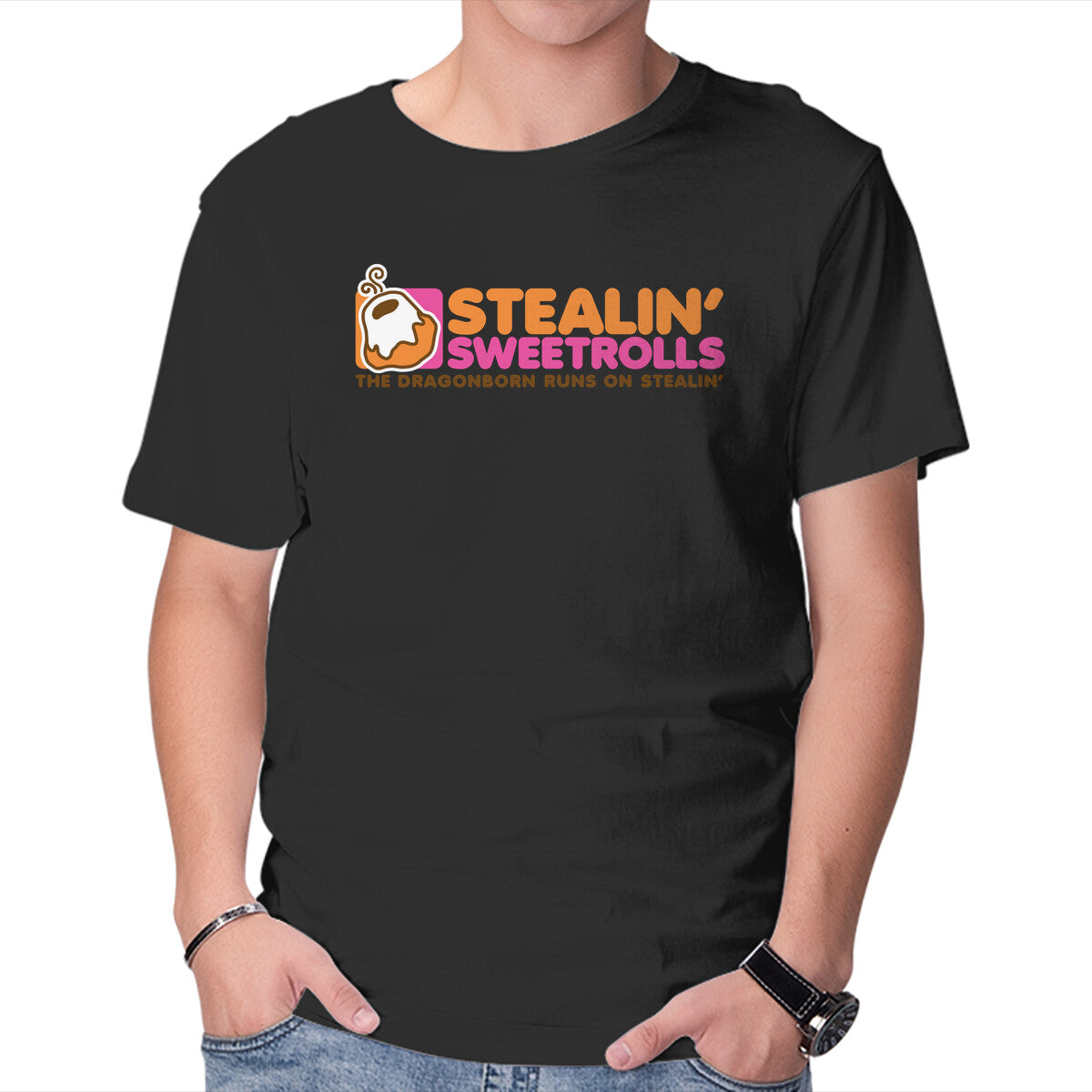Stealin' Sweetrolls – Gaming Graphic T-Shirt in black, product display