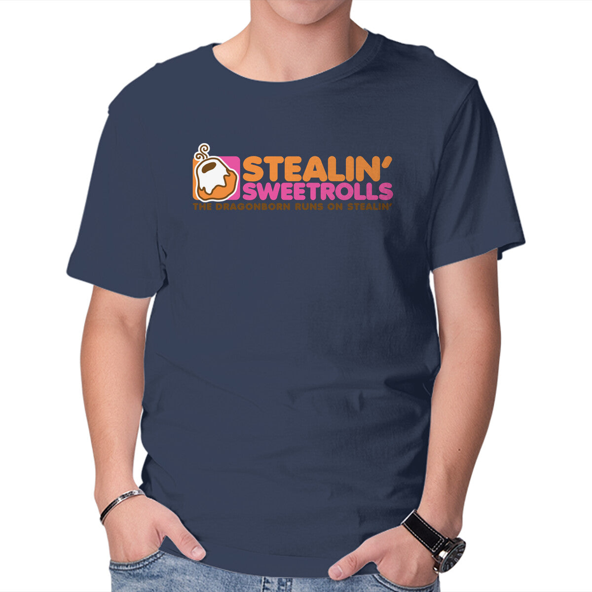 Stealin' Sweetrolls – Gaming Graphic T-Shirt in navy, product display
