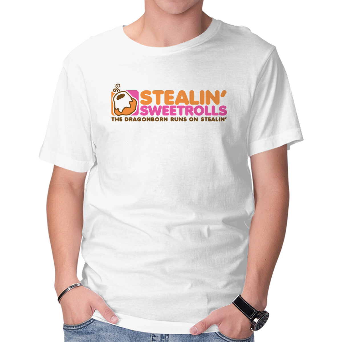 Stealin' Sweetrolls – Gaming Graphic T-Shirt in white, product display