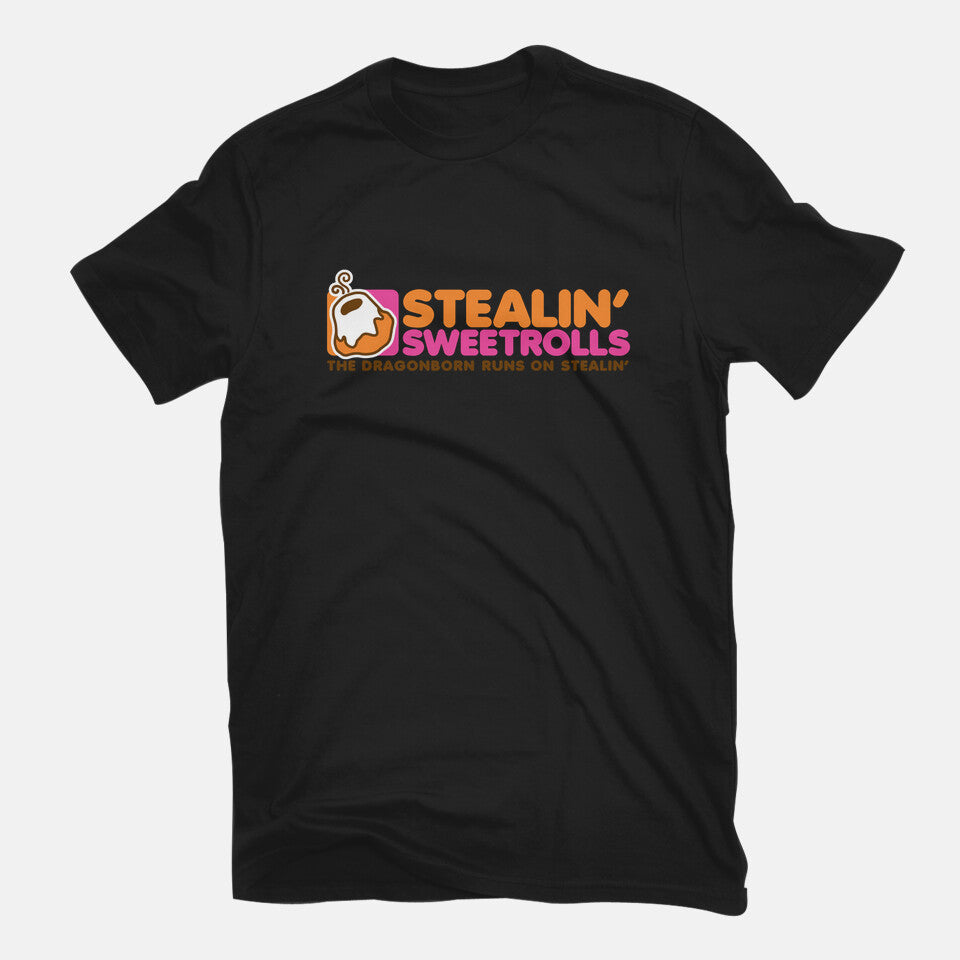 Stealin' Sweetrolls – Gaming Graphic T-Shirt in black, flat-lay product view
