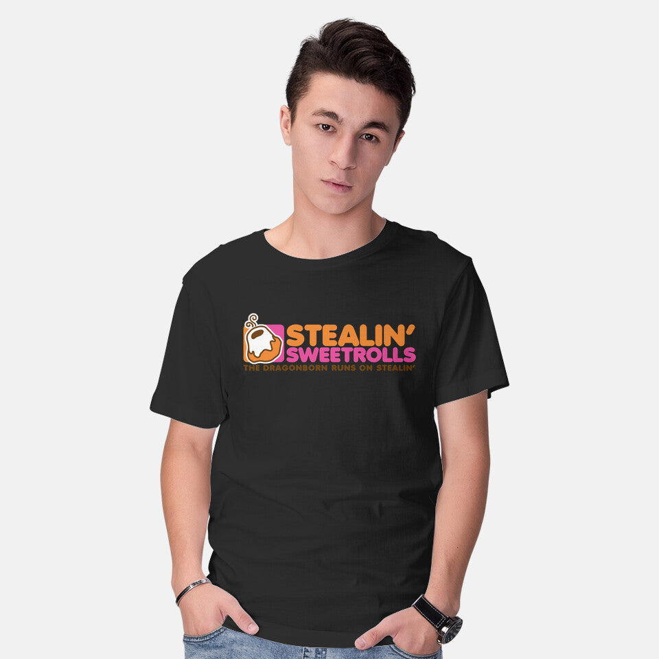 Model wearing black Stealin' Sweetrolls – Gaming Graphic T-Shirt