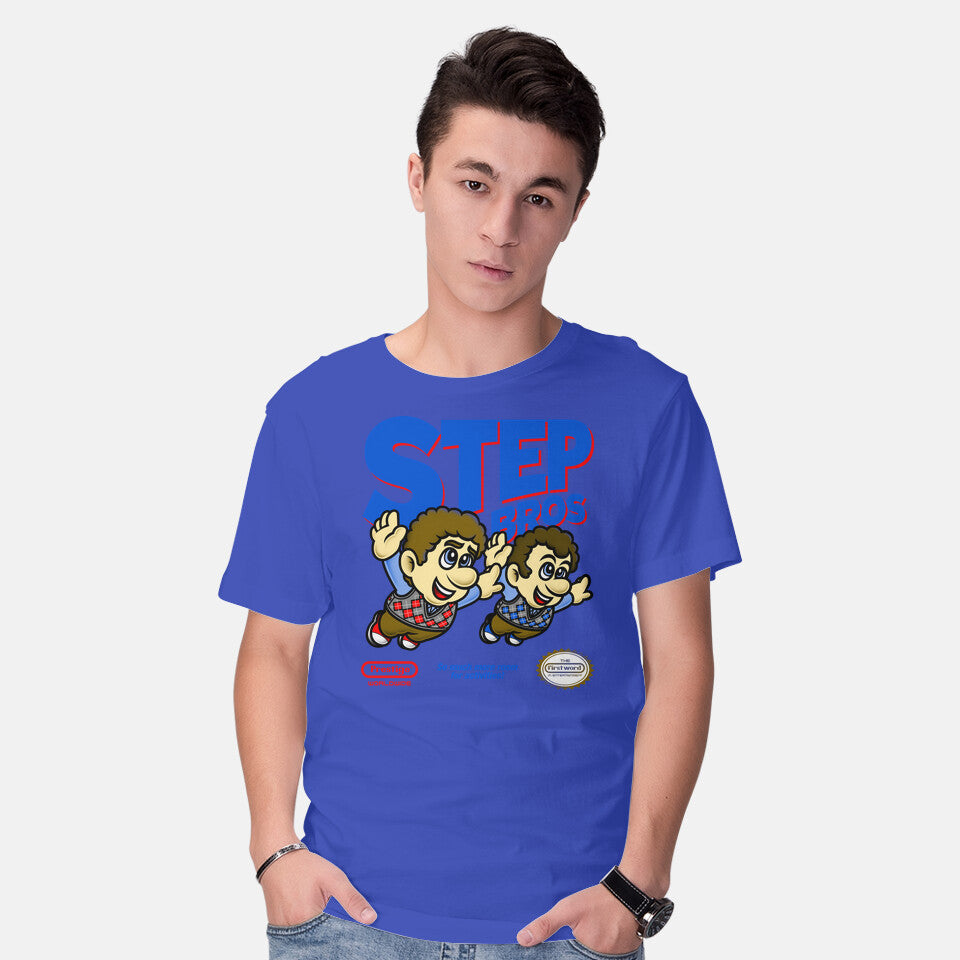 Model wearing royal blue Step Bros – Movie Graphic T-Shirt