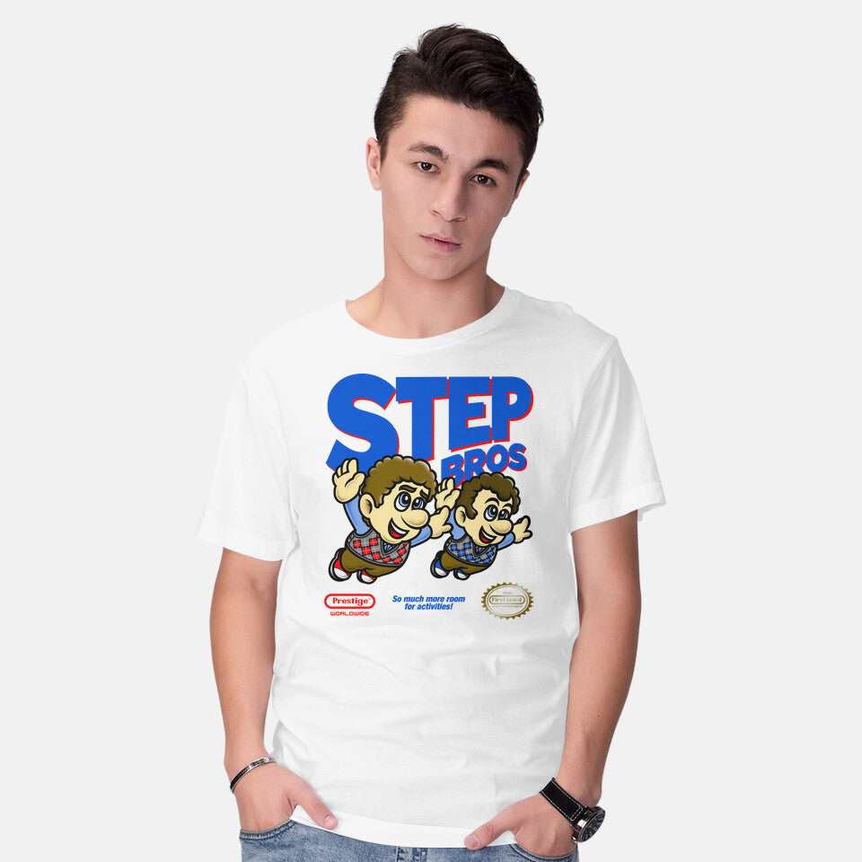 Model wearing white Step Bros – Movie Graphic T-Shirt