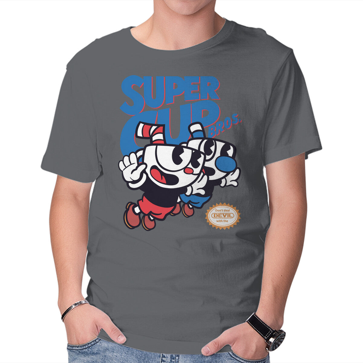 Super Cup Bros. – Gaming Graphic T-Shirt in charcoal, product display