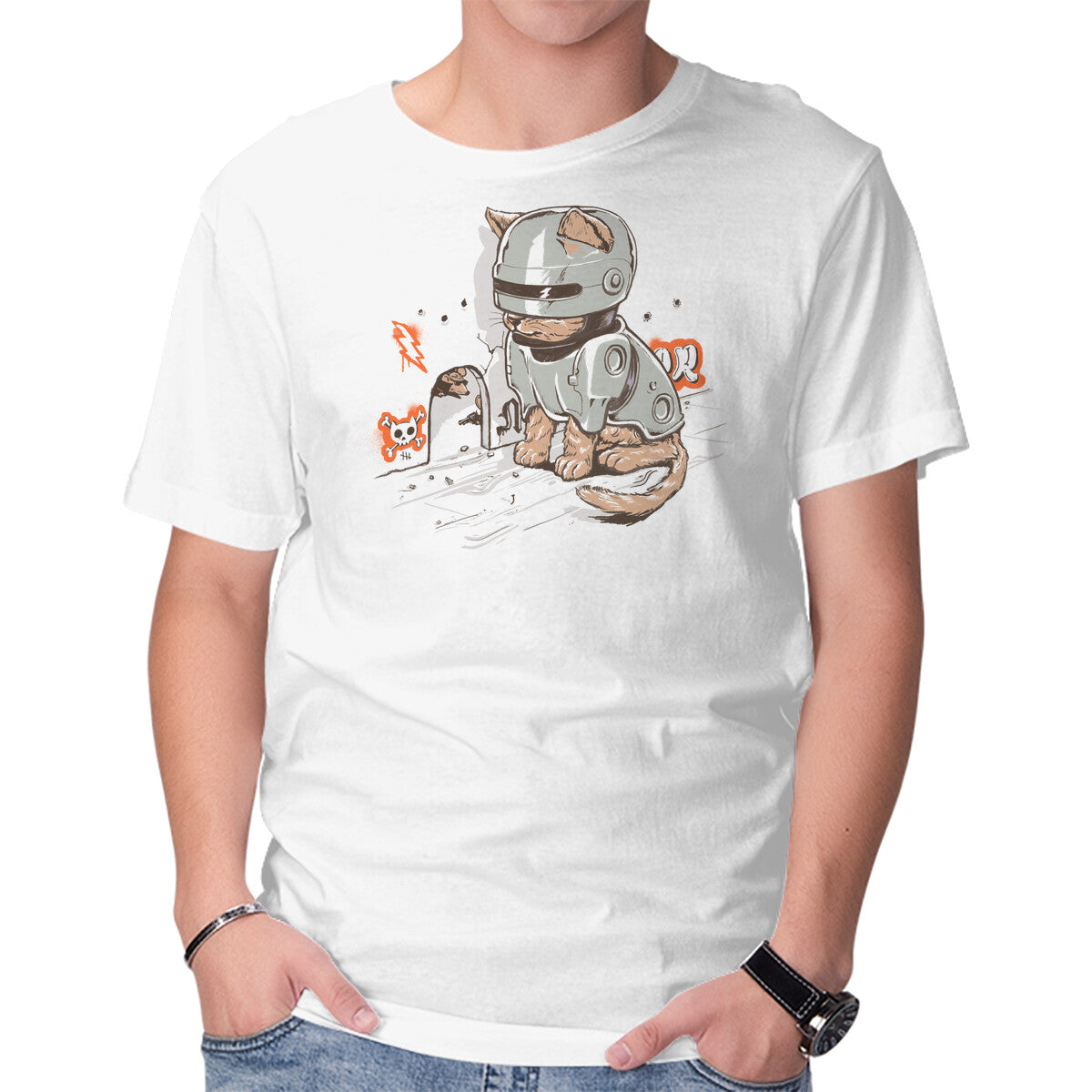 Robocat – Cat Graphic T-Shirt in white, product display