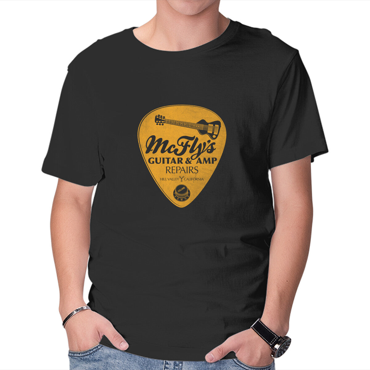 McFly's Guitar Repair – Sci-Fi Graphic T-Shirt in black, product display