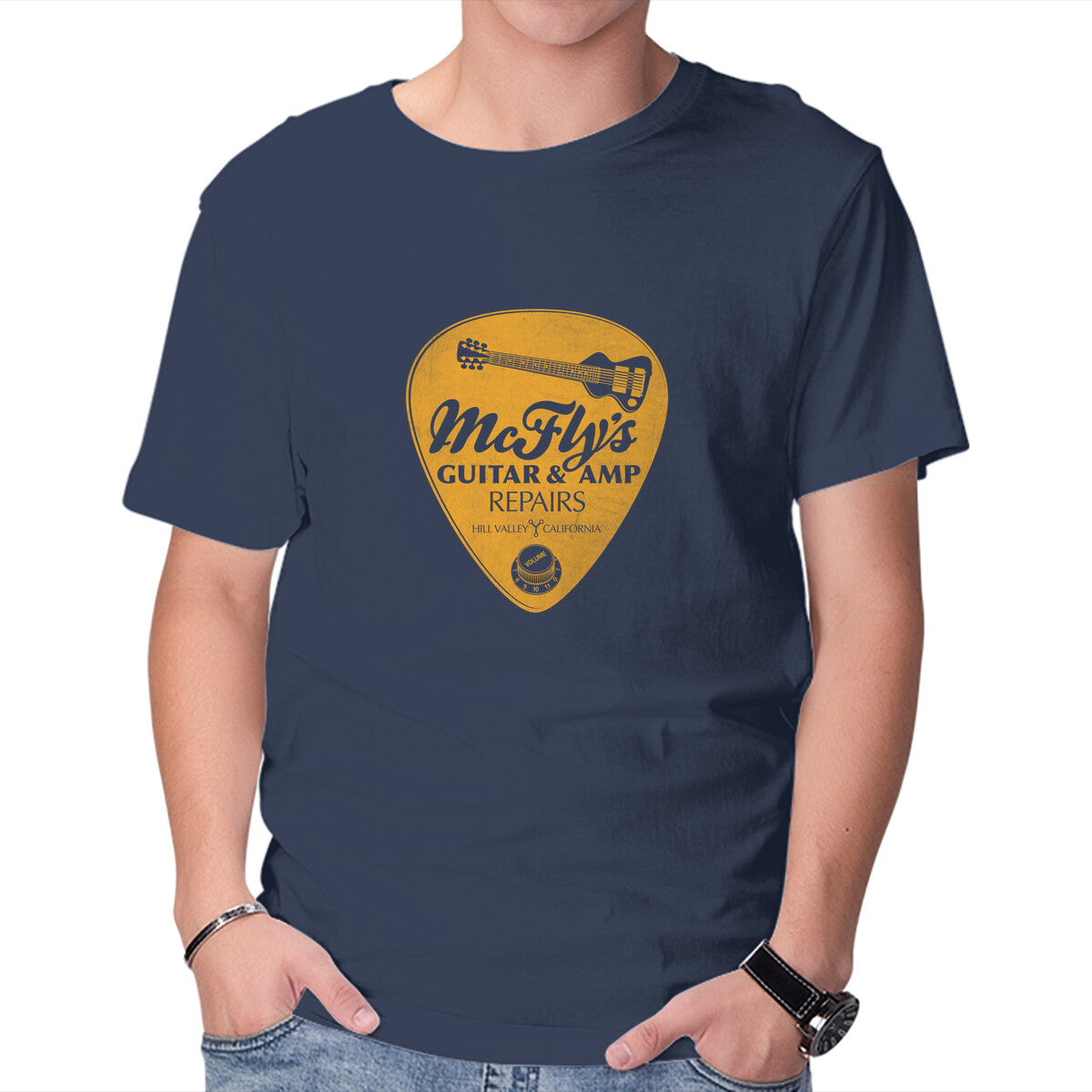McFly's Guitar Repair – Sci-Fi Graphic T-Shirt in navy, product display