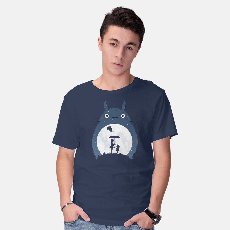 Model wearing navy Moonlight Flight – Anime Graphic T-Shirt