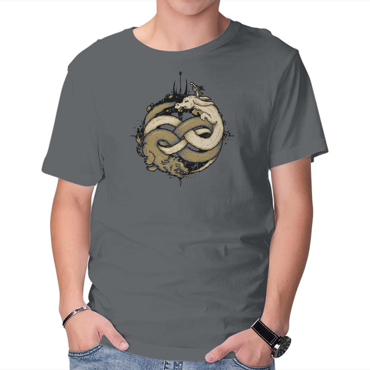 Neverending Fight – Fantasy Graphic T-Shirt in charcoal, product display