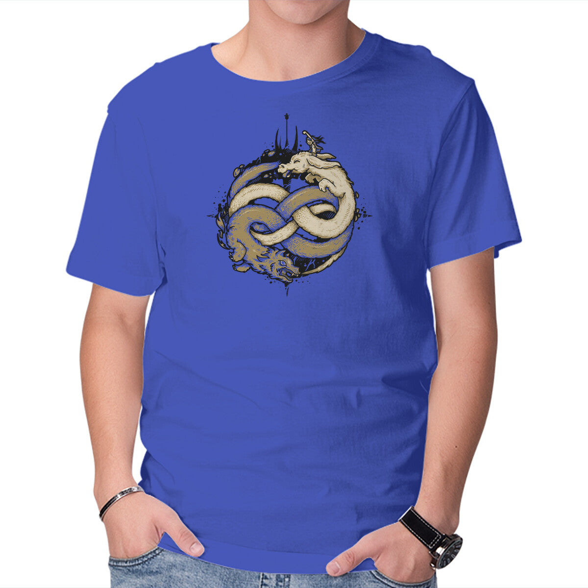 Neverending Fight – Fantasy Graphic T-Shirt in royal blue, product display