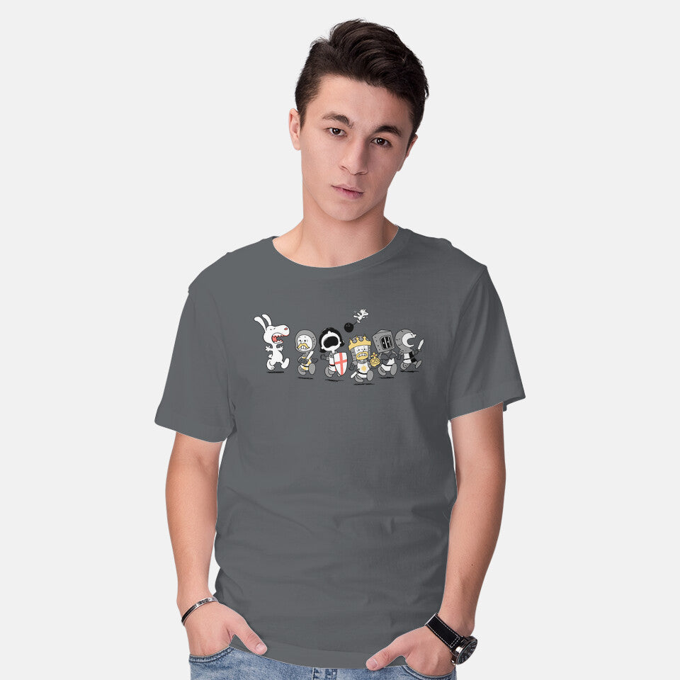 Model wearing charcoal Run Away! Run Away! – Movie Graphic T-Shirt