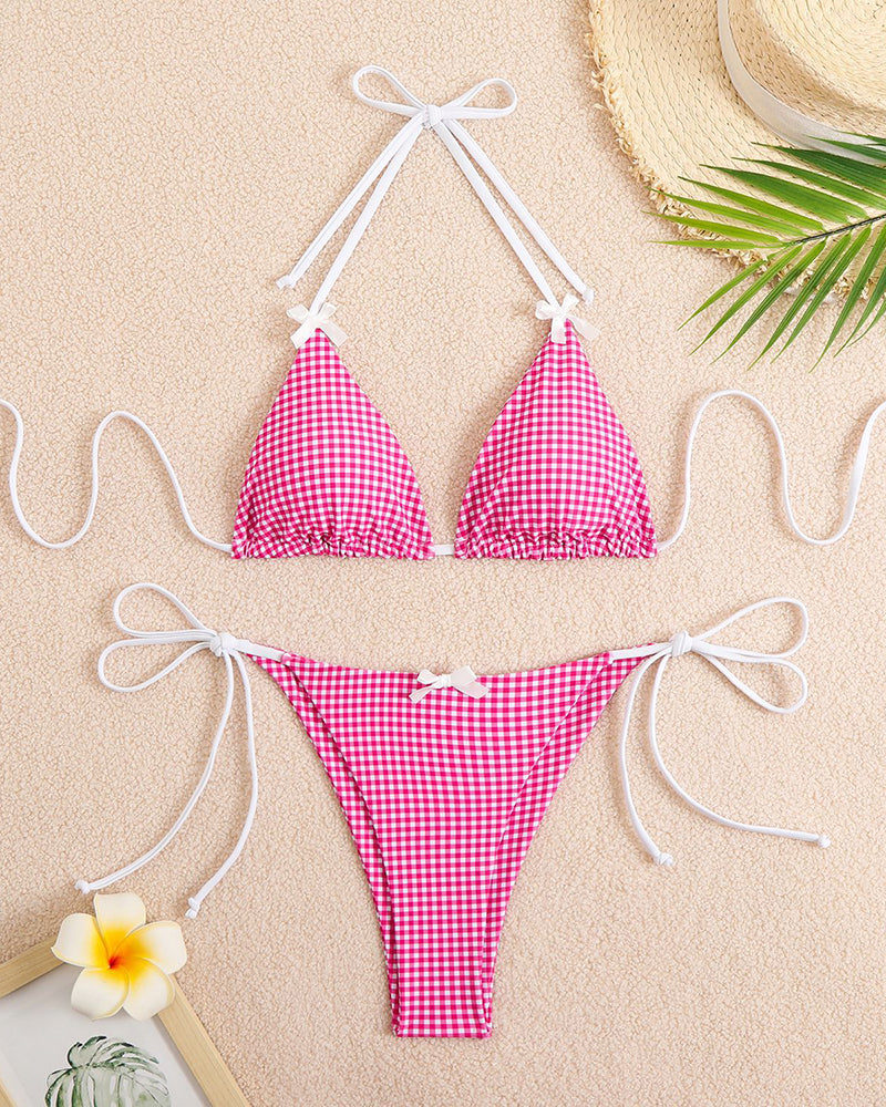 ⚡Flash Sale-【S-L】Halter Neck Tie Plaid Bikini Set