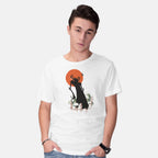 Model wearing white Deliverer of Darkness Graphic T-Shirt