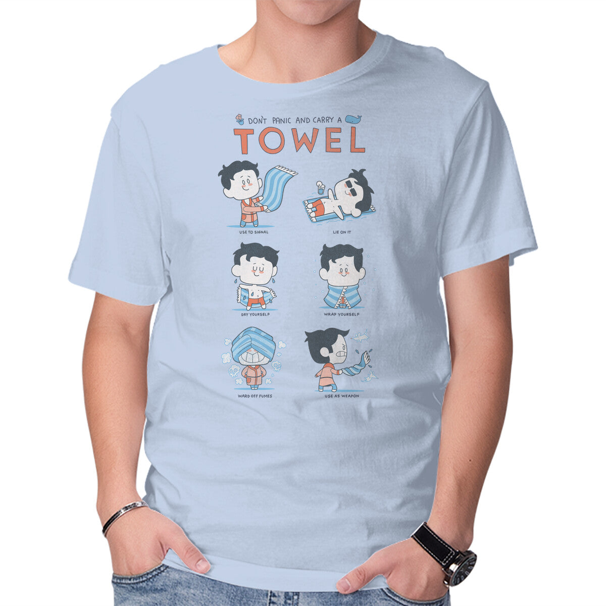 Don't Panic And Carry A Towel – Sci-Fi Graphic T-Shirt in blue, product display