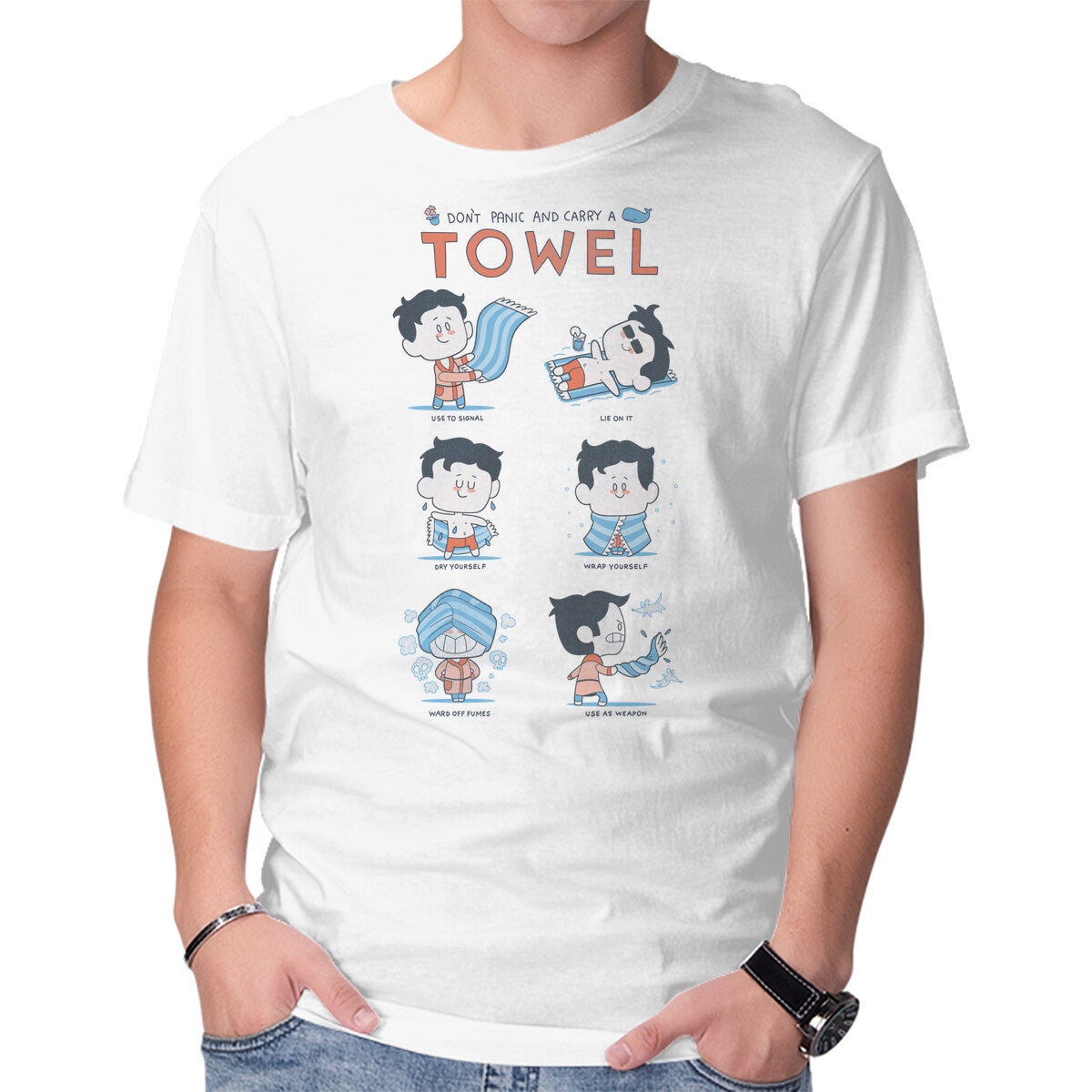 Don't Panic And Carry A Towel – Sci-Fi Graphic T-Shirt in white, product display