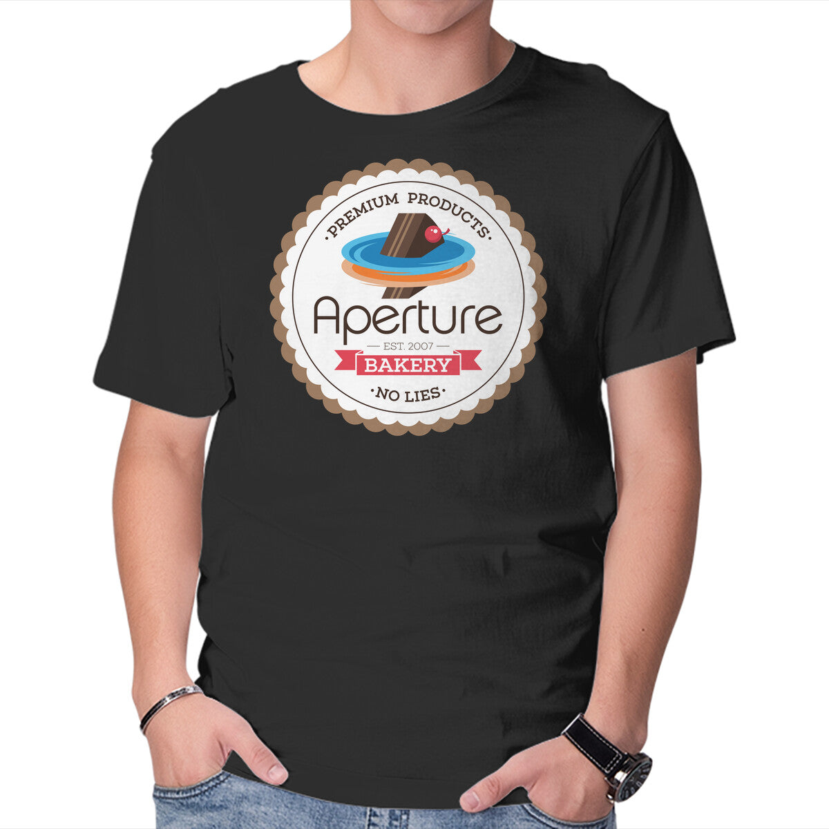 Aperture Bakery – Gaming Graphic T-Shirt in black, product display
