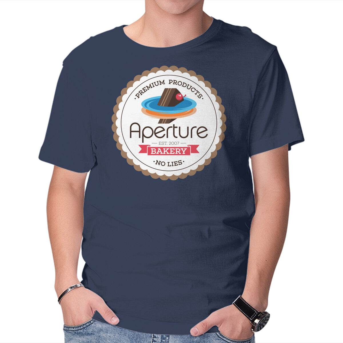 Aperture Bakery – Gaming Graphic T-Shirt in navy, product display