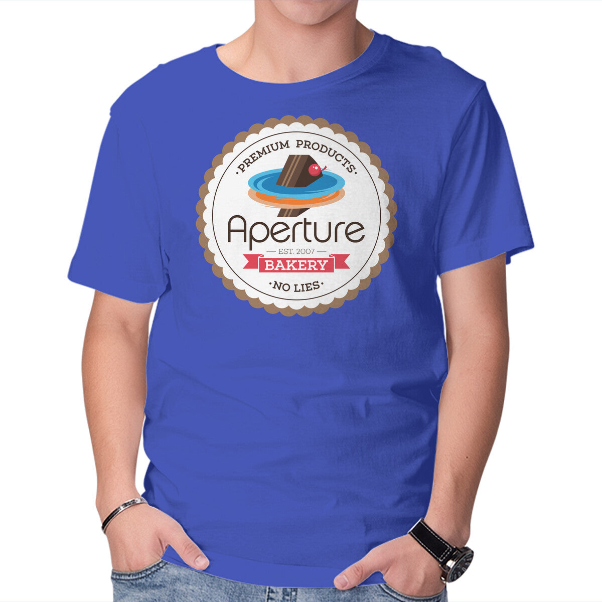 Aperture Bakery – Gaming Graphic T-Shirt in royal blue, product display