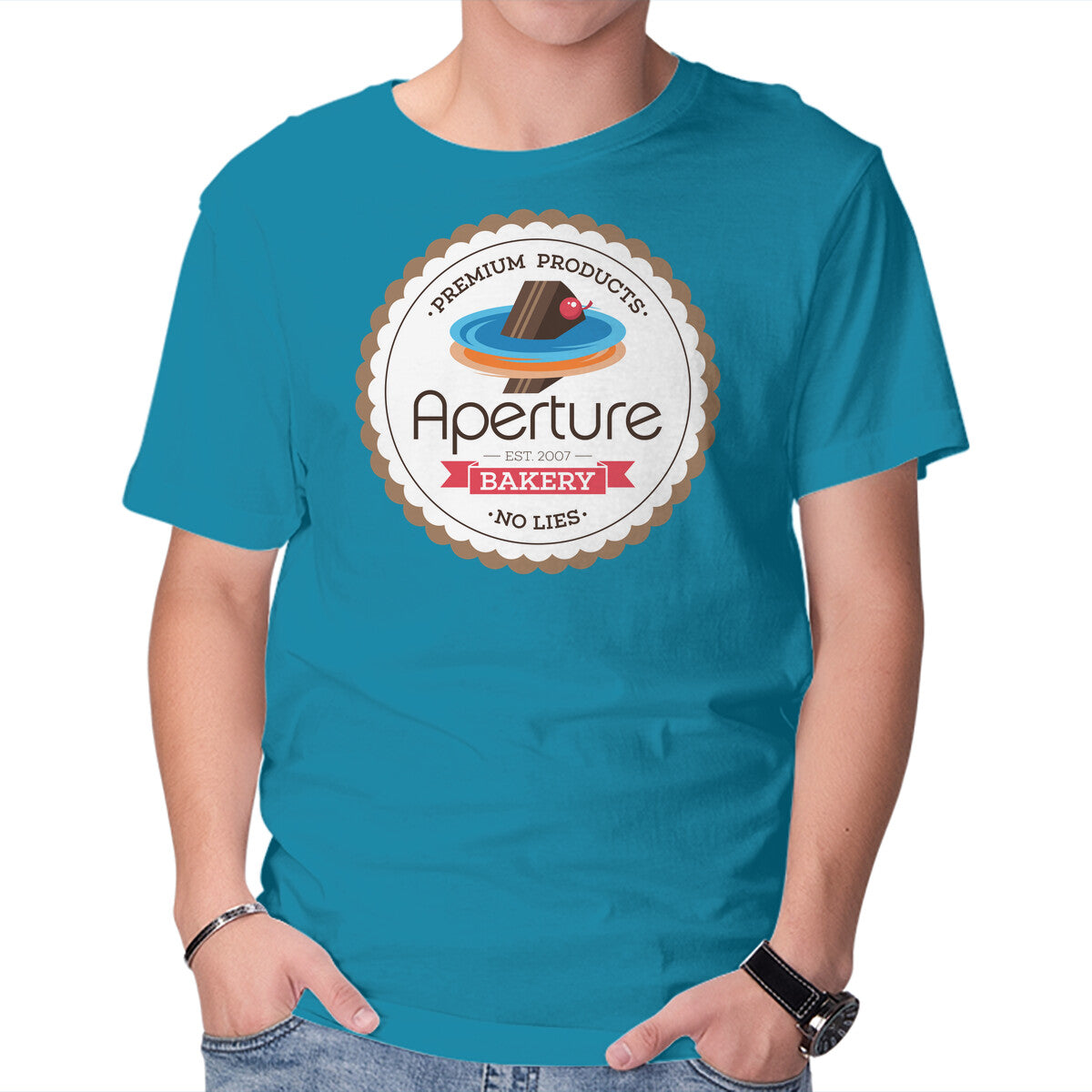 Aperture Bakery – Gaming Graphic T-Shirt in turquoise, product display