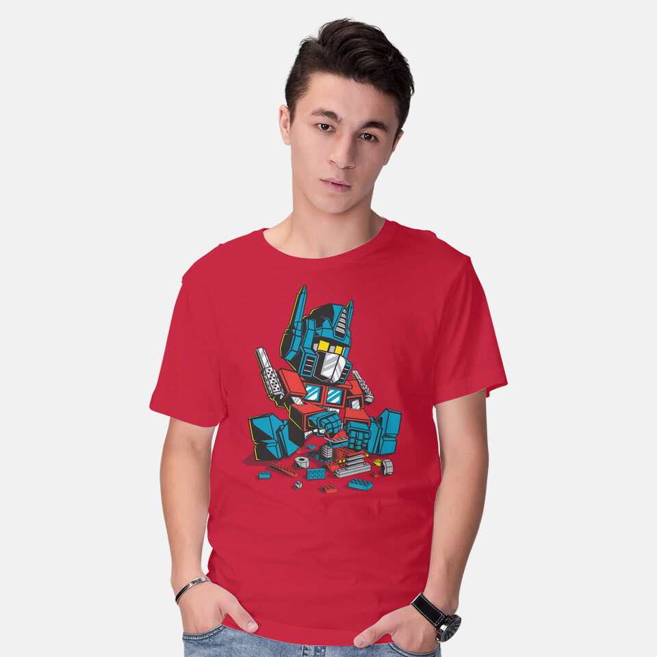 Model wearing red Autoblocks – Sci-Fi Graphic T-Shirt