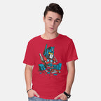 Model wearing red Autoblocks – Sci-Fi Graphic T-Shirt