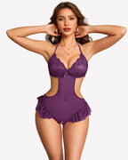 Sheer Lace Bodysuit Cut Out One Piece Garter Lingerie Set