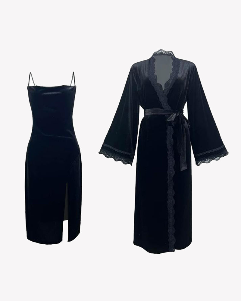 Deep V Neck Side Slit Velvet Dress & Robe