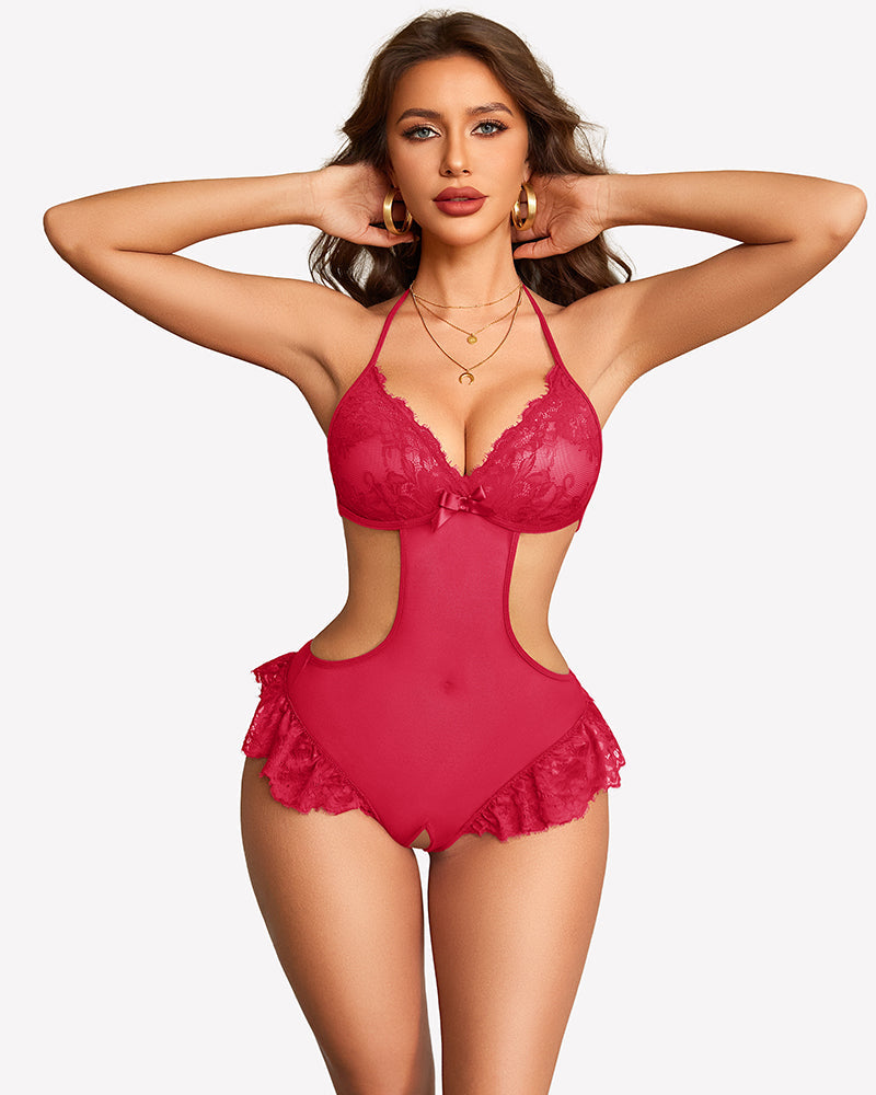 Sheer Lace Bodysuit Cut Out One Piece Garter Lingerie Set