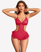 Sheer Lace Bodysuit Cut Out One Piece Garter Lingerie Set