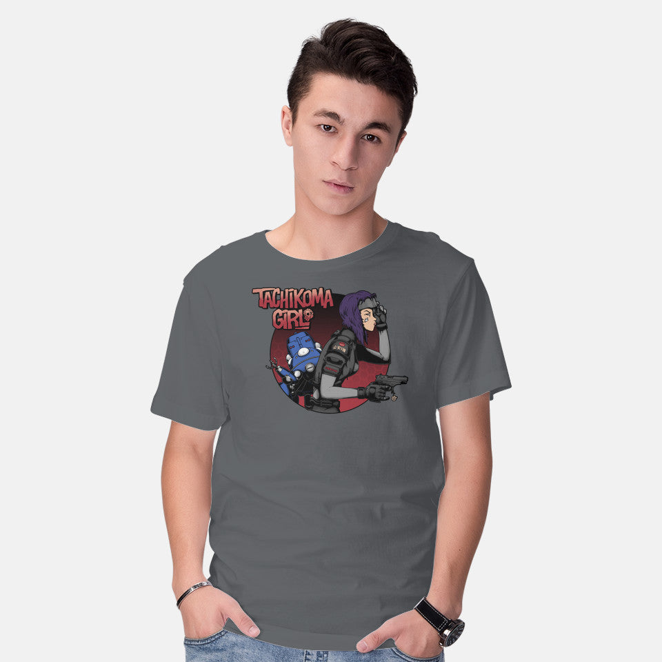 Model wearing charcoal Robot Girl – Anime Graphic T-Shirt