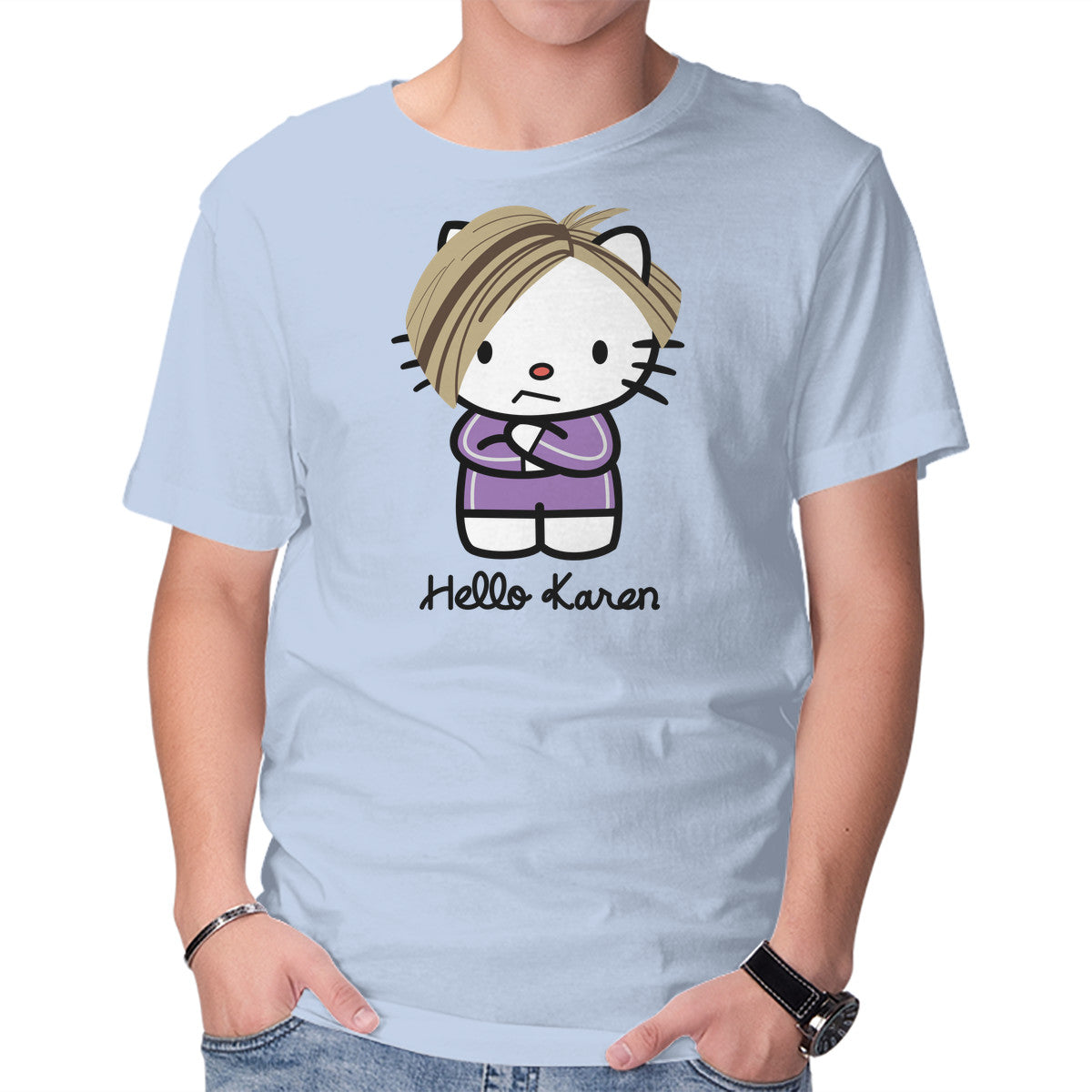 Hello Karen – Funny Graphic T-Shirt in blue, product display
