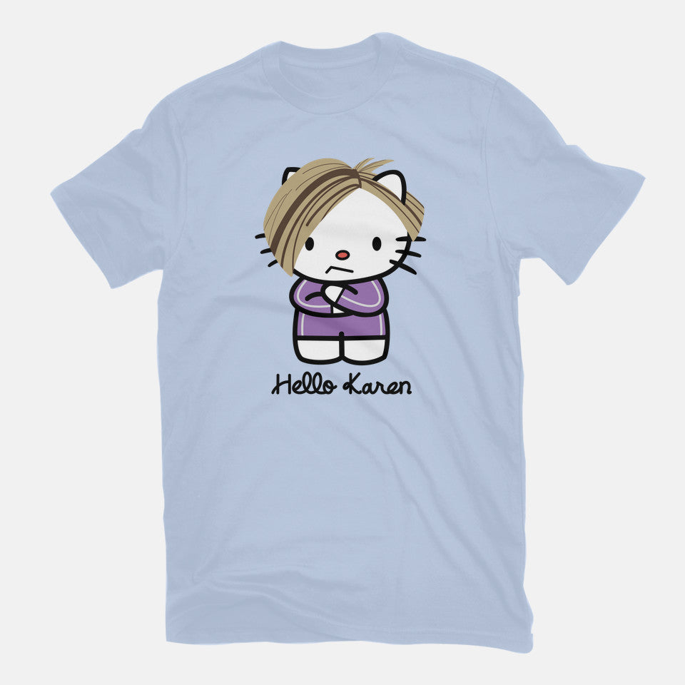 Hello Karen – Funny Graphic T-Shirt in blue, flat-lay product view