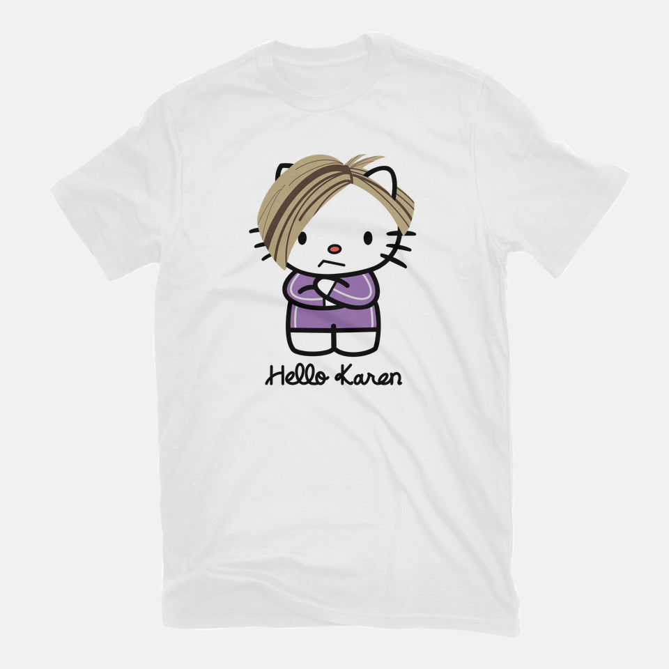 Hello Karen – Funny Graphic T-Shirt in white, flat-lay product view