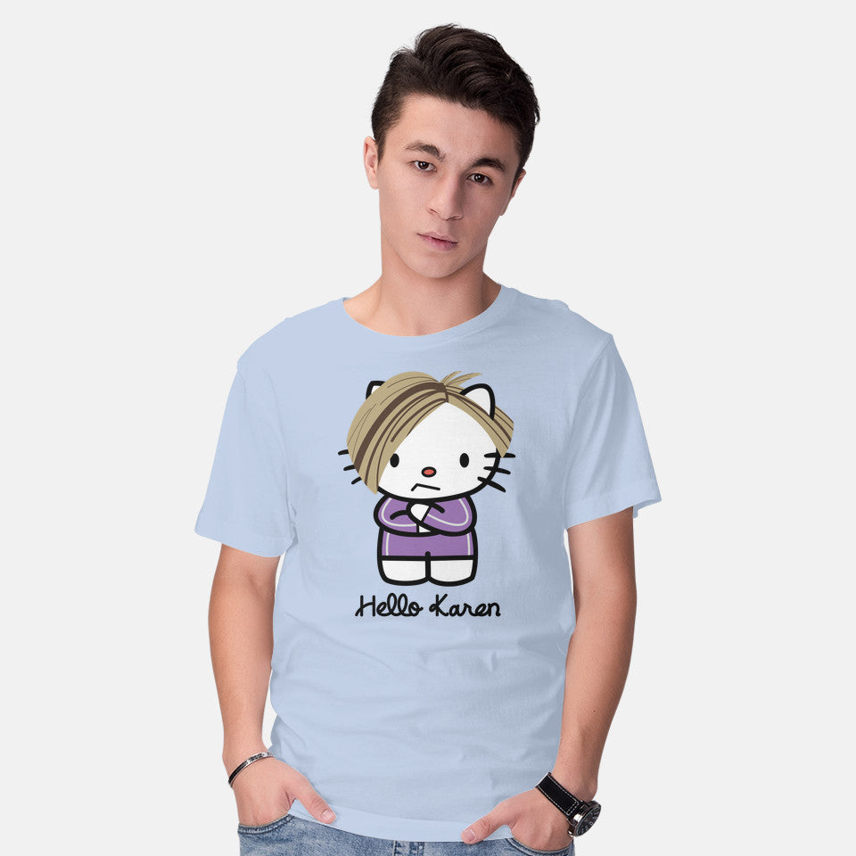Model wearing blue Hello Karen – Funny Graphic T-Shirt