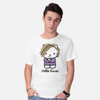 Model wearing white Hello Karen – Funny Graphic T-Shirt