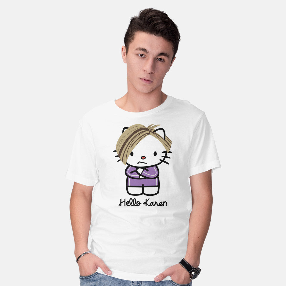 Model wearing white Hello Karen – Funny Graphic T-Shirt
